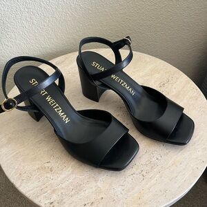 Stuart Weitzman Black Leather Block Heel Sandals